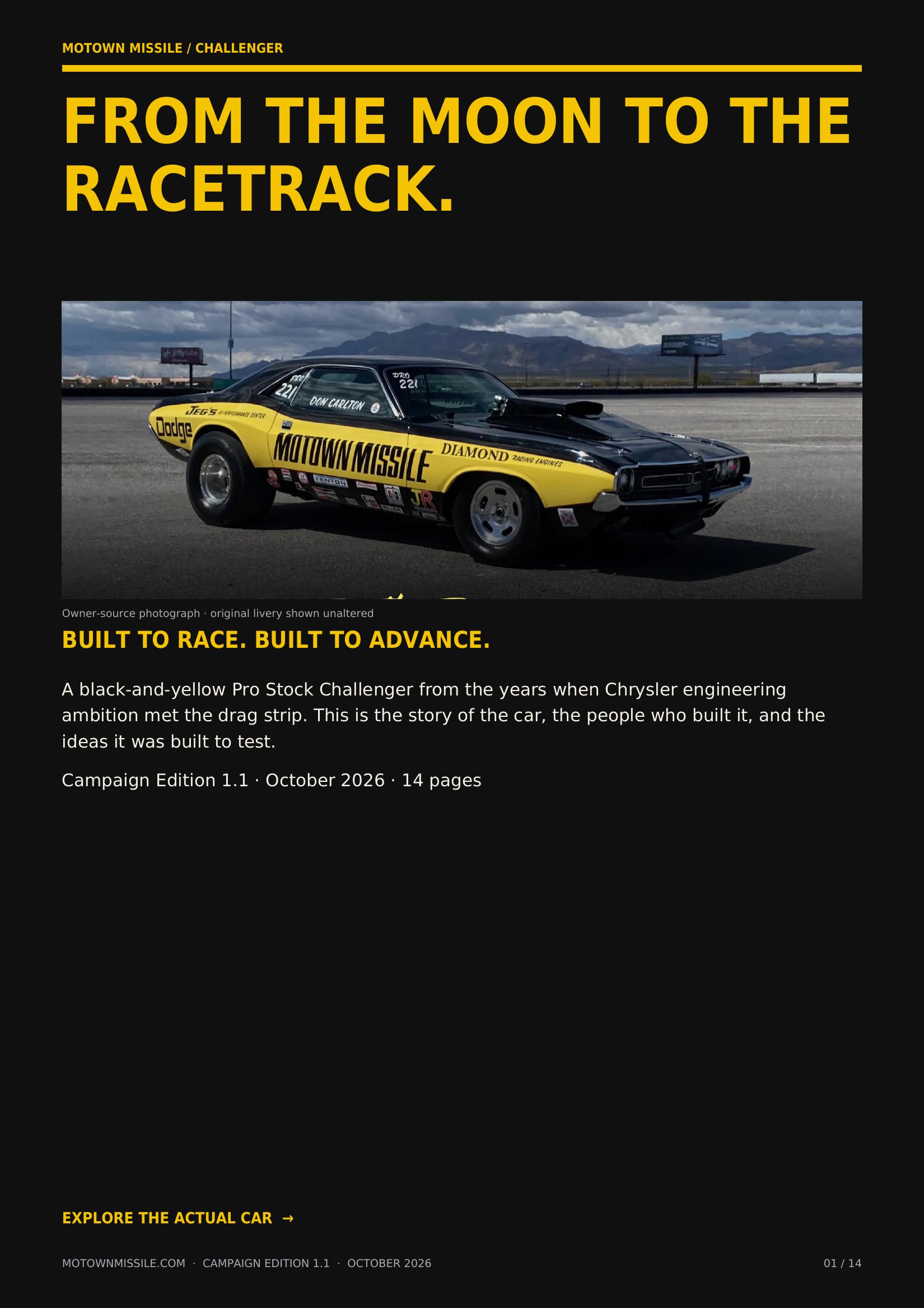 Page 1: FROM THE MOON TO THE RACETRACK.