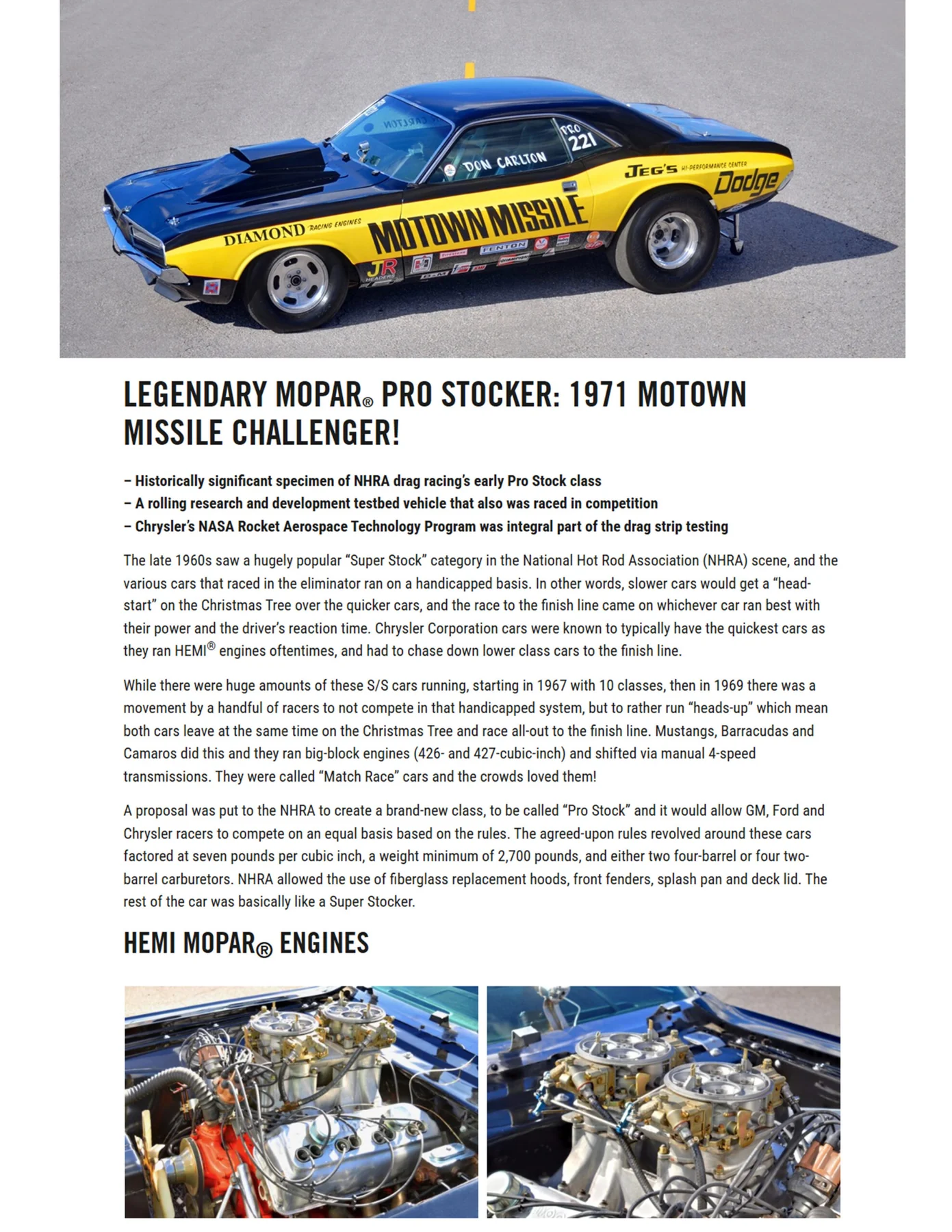 Period magazine article imagery featuring the Motown Missile Challenger